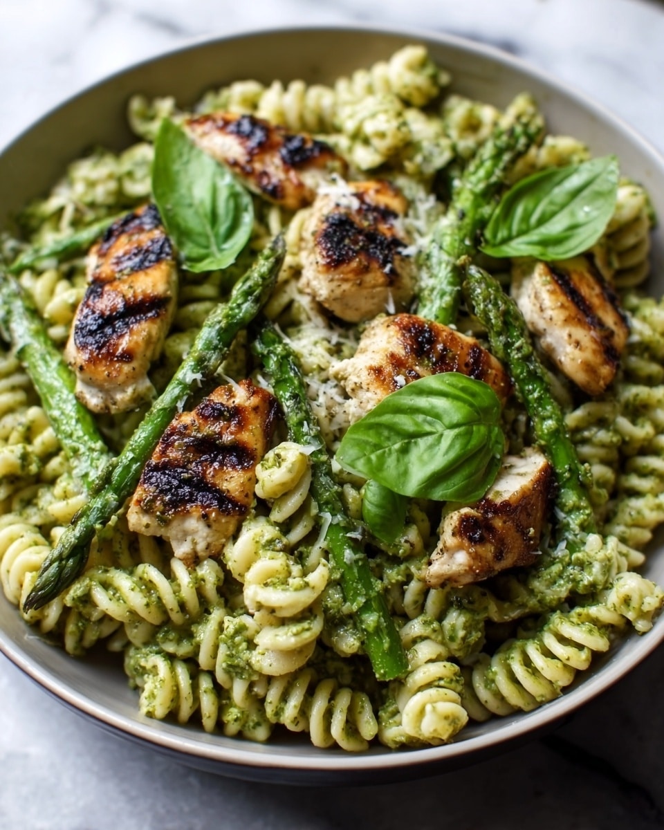 A white bowl filled with twisted pasta coated in a creamy green sauce, layered with grilled chicken pieces that have clear char marks, and tender asparagus spears laid on top. Bright green basil leaves are scattered over the dish, adding fresh color contrast against the golden-brown grilled chicken and green pasta. The overall textures show the pasta's smooth sauce, the chicken’s slightly crisp edges, and the asparagus' firm stalks. The bowl sits on a white marbled surface. Photo taken with an iphone --ar 4:5 --v 7