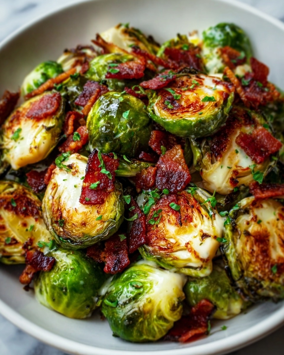 The image shows a white plate filled with roasted Brussels sprouts and crispy bacon pieces. The Brussels sprouts are halved, with their bright green inner leaves visible and a golden brown, slightly charred surface from roasting. The bacon strips are deep reddish-brown, crispy, and scattered evenly over the sprouts. Small bits of finely chopped fresh herbs are sprinkled on top, adding a touch of green contrast. The plate rests on a white marbled textured surface. Photo taken with an iphone --ar 4:5 --v 7