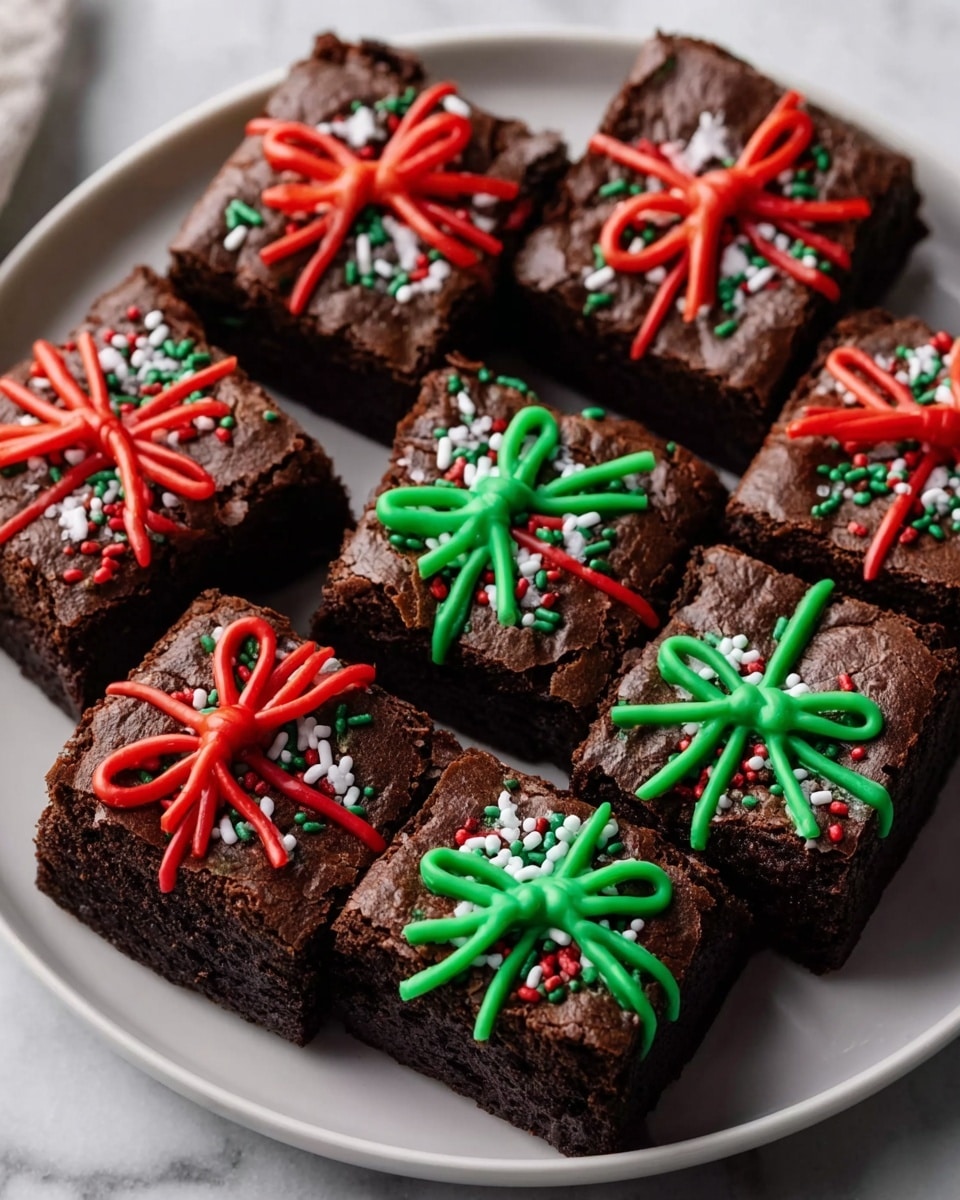 The image shows nine square chocolate brownies arranged closely on a white plate, placed on a white marbled surface. Each brownie has a shiny, cracked dark brown top layer, indicating a fudgy texture. On top of each brownie is a colorful decoration resembling wrapped gift bows, made of red or green icing with white icing lines creating a ribbon effect across the surface. Small sprinkles in red, green, and white colors, shaped like stars and dots, are scattered around the bows, adding a festive touch. Photo taken with an iphone --ar 4:5 --v 7