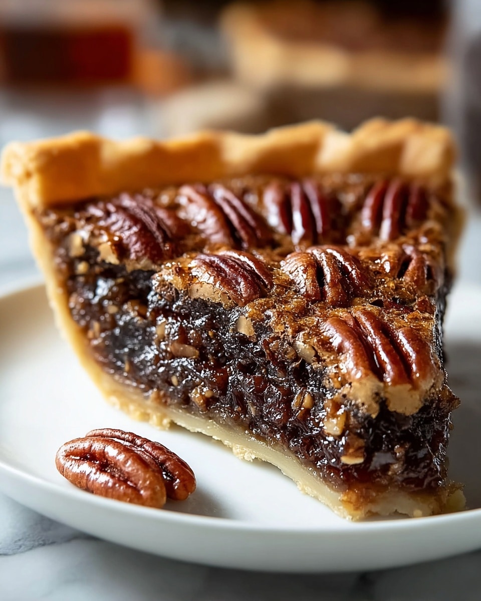 A single slice of pecan pie is shown on a white plate, placed on a white marbled surface. The pie has three visible layers: a golden, flaky crust at the bottom, a dark, glossy, gooey filling with bits of nuts in the middle, and a top layer of whole, shiny pecans arranged in rows. The edges of the crust are crimped and slightly raised. There is a small crumb of nut on the plate near the pie slice. The image is close-up, capturing the rich texture and shine of the filling and nuts. Photo taken with an iphone --ar 4:5 --v 7