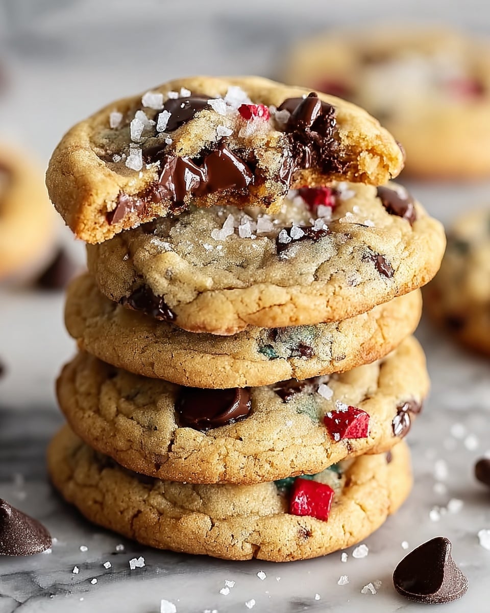 A stack of four light golden-brown chocolate chip cookies is shown on a white marbled surface, with the top cookie broken in half, revealing a soft, chewy inside rich with melted dark chocolate chunks and sprinkled with coarse sea salt. The cookies have a slightly cracked texture on the edges and visible dark chocolate pieces embedded throughout. Around the stack, a few loose dark chocolate chips and salt flakes are scattered, adding to the visual texture. The background is softly blurred with more cookies out of focus. photo taken with an iphone --ar 4:5 --v 7