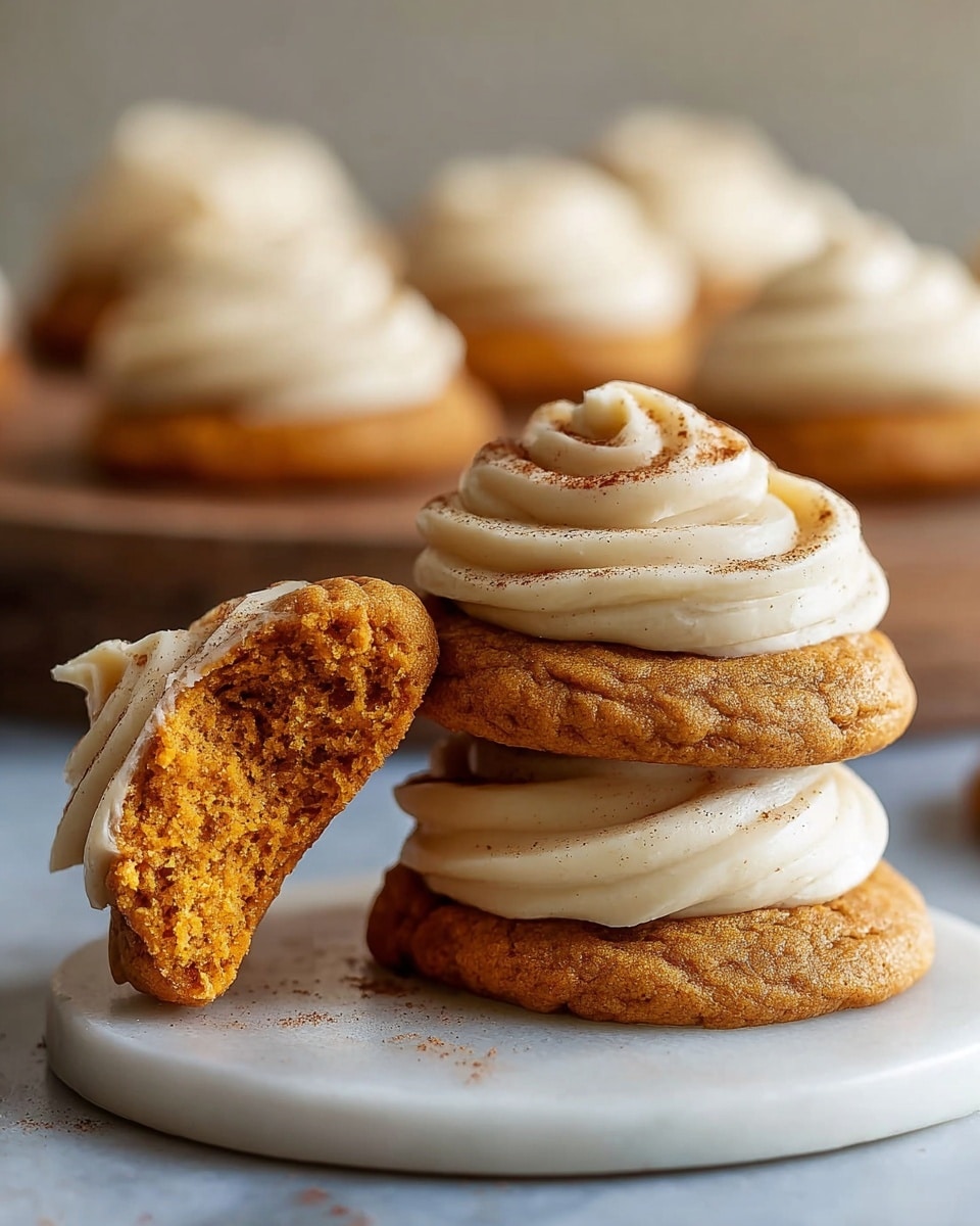 The image shows a stack of two soft brown cookies with a thick layer of creamy white frosting swirled on top of each cookie. The top cookie has a light dusting of cinnamon on the frosting. Next to the stack, there is a half-eaten cookie with the same frosting on top, showing a soft orange-brown inside texture. In the background, there are more cookies with white frosting, slightly out of focus. The cookies are placed on a white plate with a slightly rustic edge, sitting on a white marbled surface. photo taken with an iphone --ar 4:5 --v 7