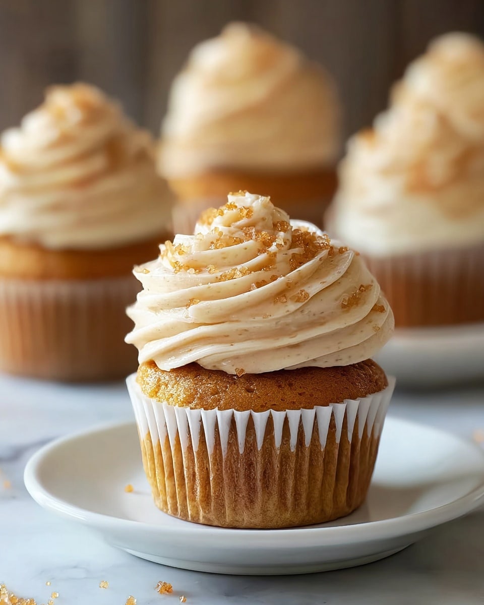 A close-up of a single cupcake centered on a white plate with a soft, golden brown base wrapped in a light paper liner, topped with a thick swirl of smooth, creamy beige frosting sprinkled lightly with golden brown sugar crystals. The background shows three more cupcakes slightly out of focus, displaying similar frosting swirls on golden bases, all set on a white marbled surface. The lighting highlights the texture of the cupcake and frosting, making the image warm and inviting. photo taken with an iphone --ar 4:5 --v 7
