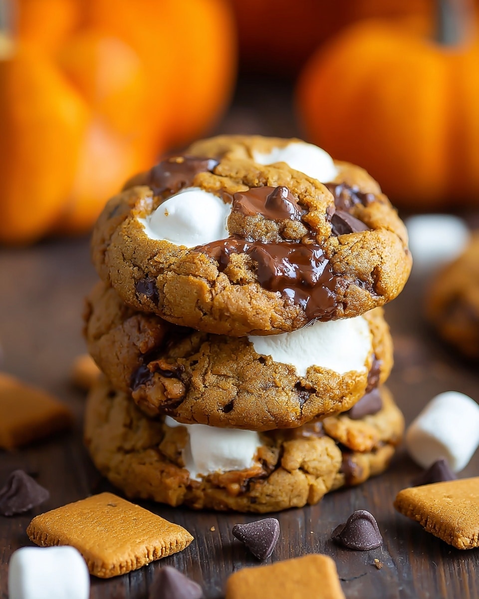 A stack of three thick cookies is shown on a dark wooden surface with scattered graham crackers and chocolate chips around them. Each cookie is a rich golden brown color with visible chunks of dark chocolate and white marshmallows embedded throughout. On the top cookie, a single large marshmallow sits prominently in the center, slightly melted and glossy. The cookies have a rough, crumbly texture with small cracks and a few grains of sugar sprinkled on top. In the blurry background, there are faint shapes of orange pumpkins adding a warm feeling to the scene. photo taken with an iphone --ar 4:5 --v 7