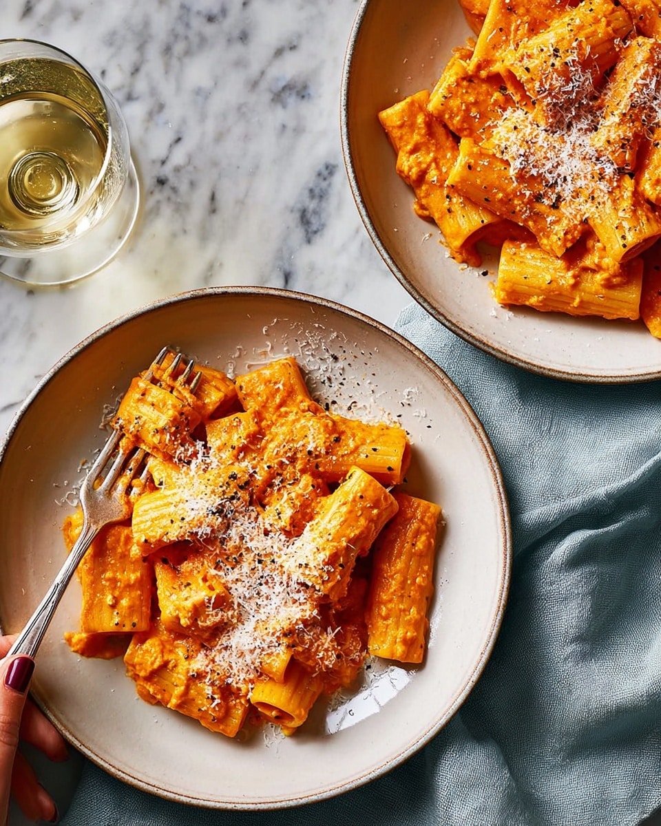 Two bowls of rigatoni pasta are shown on a white marbled surface with a light blue cloth nearby. Each bowl contains one layer of rigatoni pasta covered in a smooth, thick orange sauce. On top of the pasta, there is a layer of finely grated white cheese and a light sprinkling of black pepper. One bowl includes a silver fork resting in the pasta. A glass with a light-colored drink is visible in the upper right corner. photo taken with an iphone --ar 4:5 --v 7