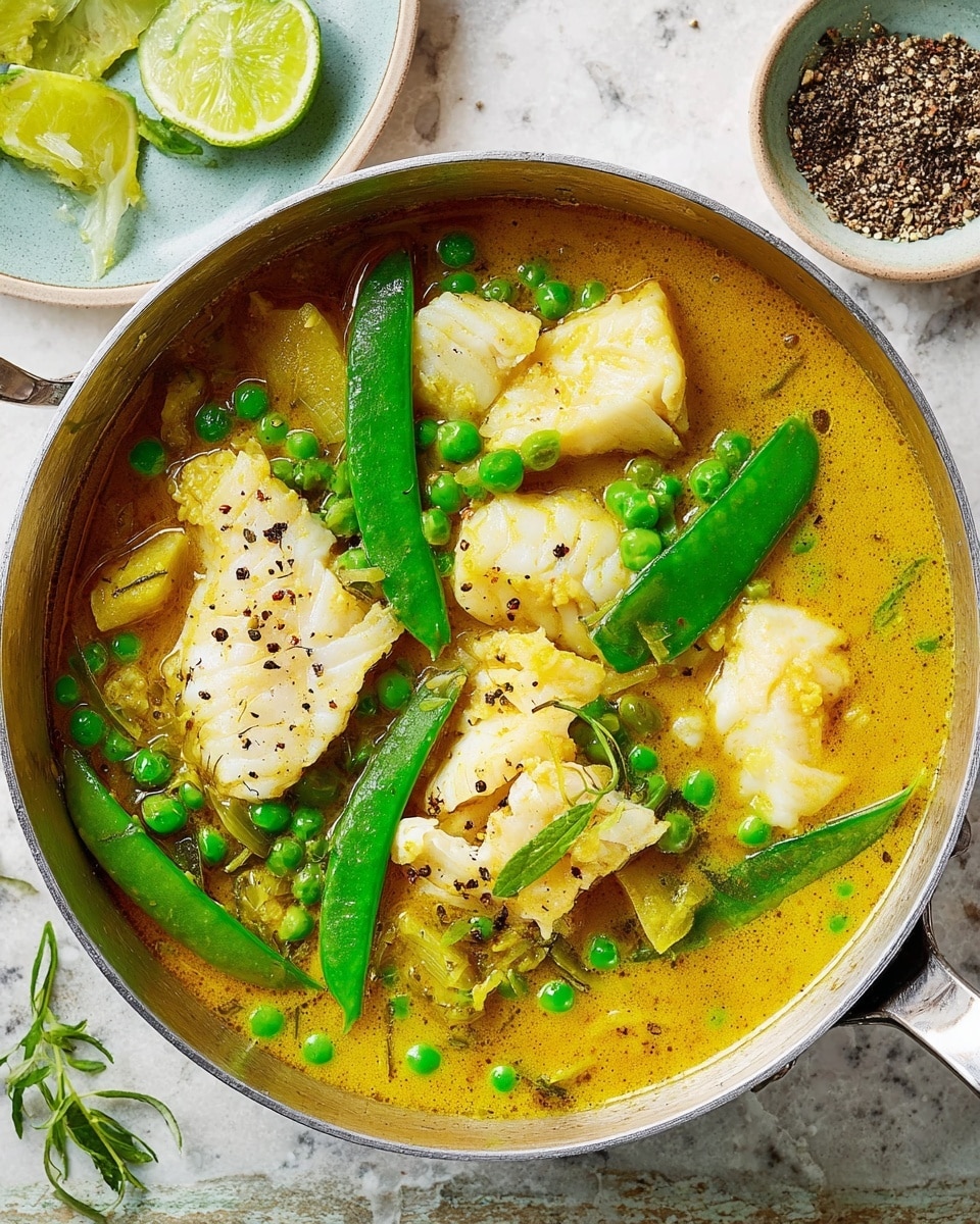 The image shows a shiny metal pan filled with a yellow curry broth, containing large pieces of white fish scattered evenly, bright green peas and whole snap peas spread on top. The fish pieces have a tender, flaky texture with some light browning. The peas add a fresh green contrast and appear crisp. The curry liquid is smooth and glistens, with small specks of black pepper sprinkled across the surface. The pan sits on a white marbled texture. Photo taken with an iphone --ar 4:5 --v 7