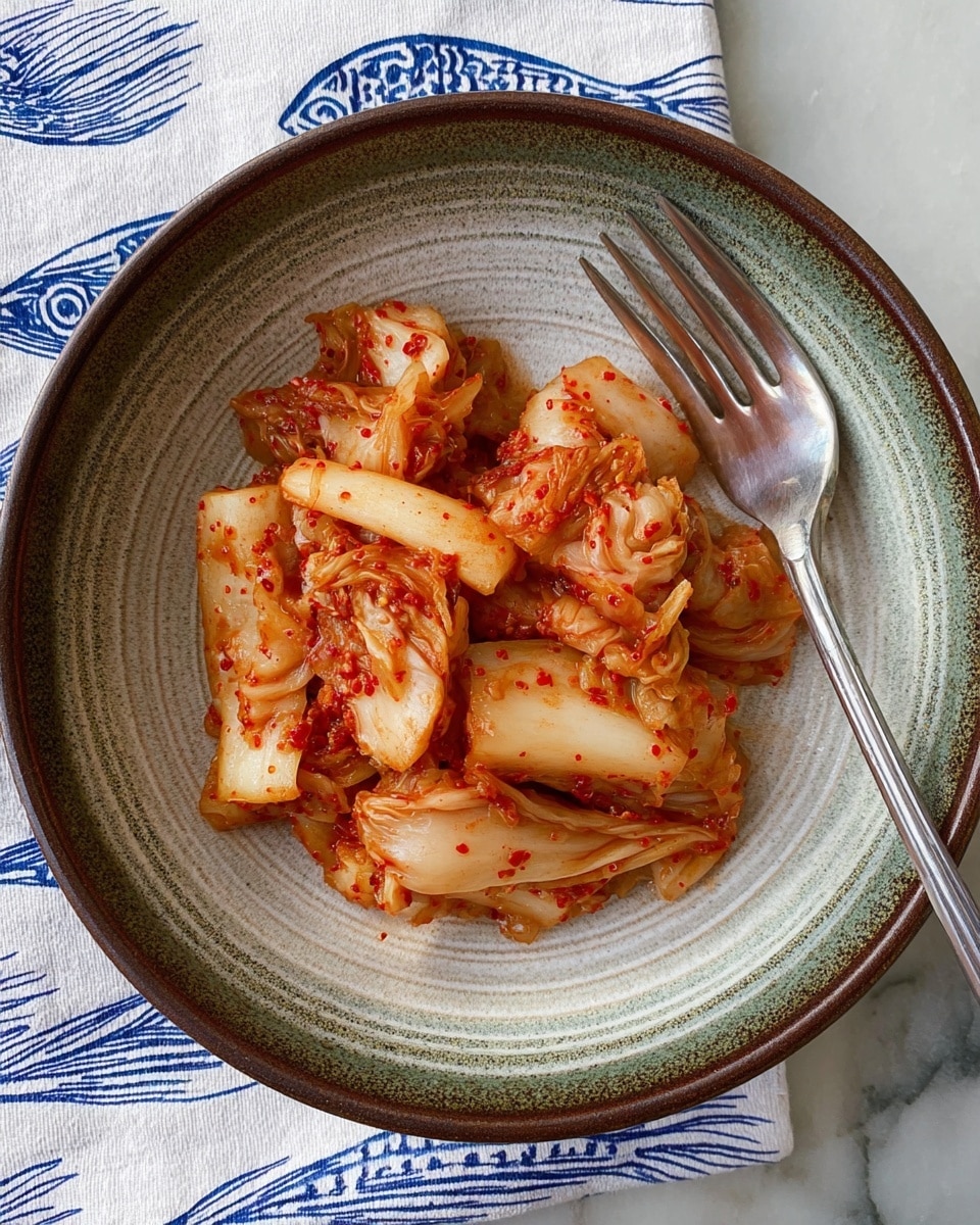 A small pile of kimchi sits in the center of a round white bowl with a dark, rustic rim, showing layers of pale orange and white fermented cabbage coated in bright red chili flakes and sauce. The cabbage pieces are varied in size, some folded and others layered, with a slightly wet and shiny texture. A silver fork rests on the right edge inside the bowl, its fork prongs touching the kimchi. The bowl is placed on a blue and white napkin with a fish pattern, all set on a white marbled surface. photo taken with an iphone --ar 4:5 --v 7