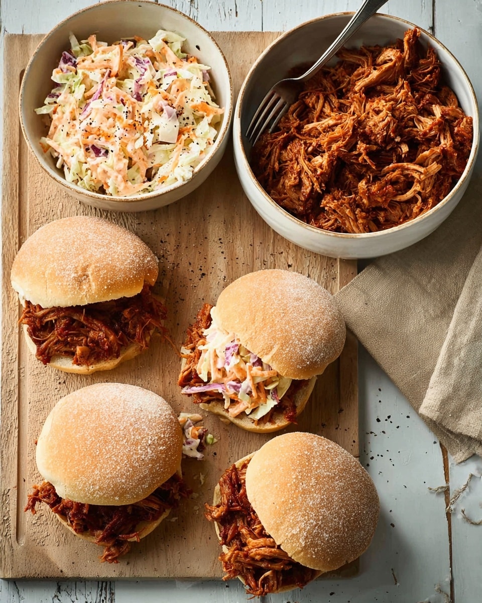 The image shows four sandwich buns with a soft texture, lightly dusted with flour, each filled with shredded meat that looks tender and coated in a rich reddish-brown barbecue sauce. One sandwich has an added layer of coleslaw made from thin slices of cabbage and carrot with a creamy look, topped with a sprinkle of black pepper. Nearby, there are two bowls: one filled with the same dark shredded meat with a fork inside, and another bowl filled with creamy coleslaw also sprinkled with black pepper. The buns and bowls are placed on a worn wooden surface, with a folded light brown cloth napkin on the side, all set against a white marbled background. Photo taken with an iphone --ar 4:5 --v 7