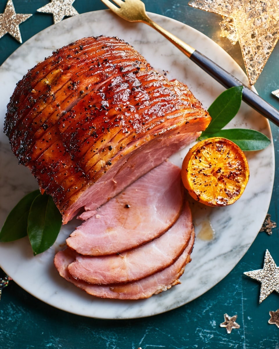 The image shows a large, thick half of roasted ham with a shiny, caramelized brown outer layer covered in small black pepper specks on top, resting mostly upright on a white plate. Below and slightly to the front, there are two slices of ham with a smooth, soft pink texture. To the left of the ham, there is a grilled orange slice with char marks, and some green bay leaves are placed around the ham, adding color contrast. A metal fork with a light wooden handle rests on the plate to the right, partly on one ham slice. The white plate sits on a white marbled surface scattered with various small gold and silver star shapes for decoration. Photo taken with an iphone --ar 4:5 --v 7
