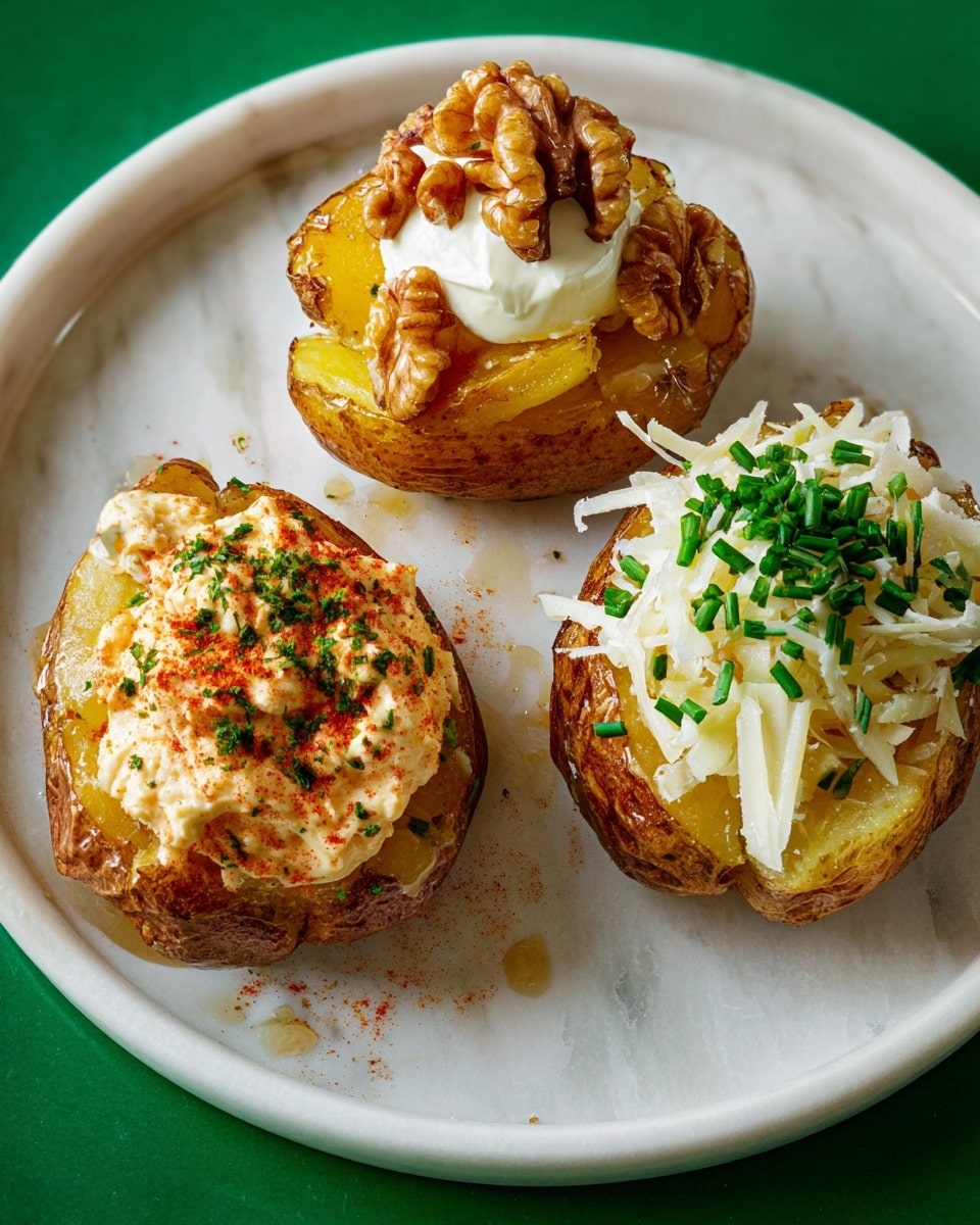 Three small baked potatoes are arranged on a white plate with a white marbled texture background. The top potato has a golden brown skin, topped with a dollop of white cream and a cluster of walnut pieces, drizzled with honey. The bottom left potato has a crispy skin and is layered with a creamy, pale orange spread, sprinkled with green herbs and a dash of red spice. The bottom right potato has a golden brown skin with a layer of melted cheese, topped with shredded white cheese and chopped green onions, also sprinkled lightly with red spice. The dish looks fresh and colorful with a mix of creamy, crunchy, and soft textures. photo taken with an iphone --ar 4:5 --v 7