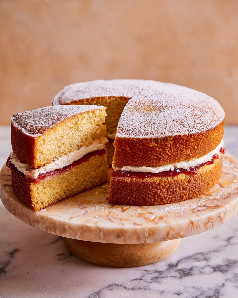 A two-layer round sponge cake with a golden brown crust on the outside, dusted lightly with powdered sugar on top, is presented on a round beige cake stand. Between the layers is a thick white cream layer on top of a glossy dark red jam layer, both filling visible in the cut slice. The cake texture looks soft and slightly crumbly, with the thick cream and jam layers creating a clear contrast to the golden yellow sponge. The background is a white marbled texture, and part of a gold-colored knife is placed near the cake stand. Photo taken with an iphone --ar 4:5 --v 7