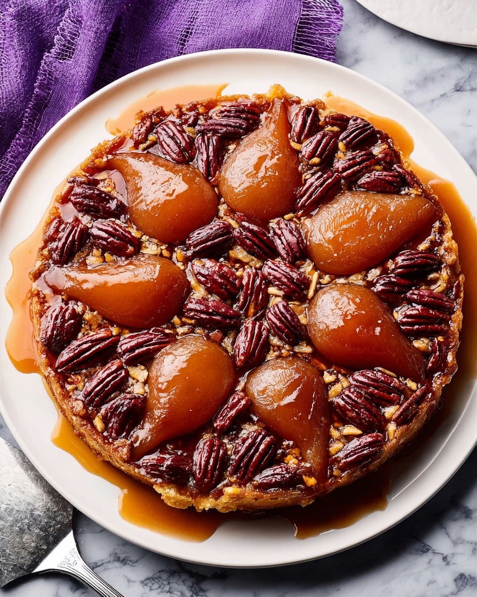 A round tart sits on a white plate over a white marbled surface with a purple cloth nearby. The tart has a golden-brown crust that forms the base and edges. On top, there are two layers: the bottom layer is a thick, shiny, deep amber caramel sauce that covers the crust and drips slightly over the edge of the plate. Above this are nine glossy, soft, light brown caramelized apple slices evenly spaced in a circular pattern. Between and on top of the apples are clusters of dark brown, glossy pecan halves arranged neatly, adding texture and contrast. The whole tart looks rich and sticky with a warm color palette. Photo taken with an iphone --ar 4:5 --v 7