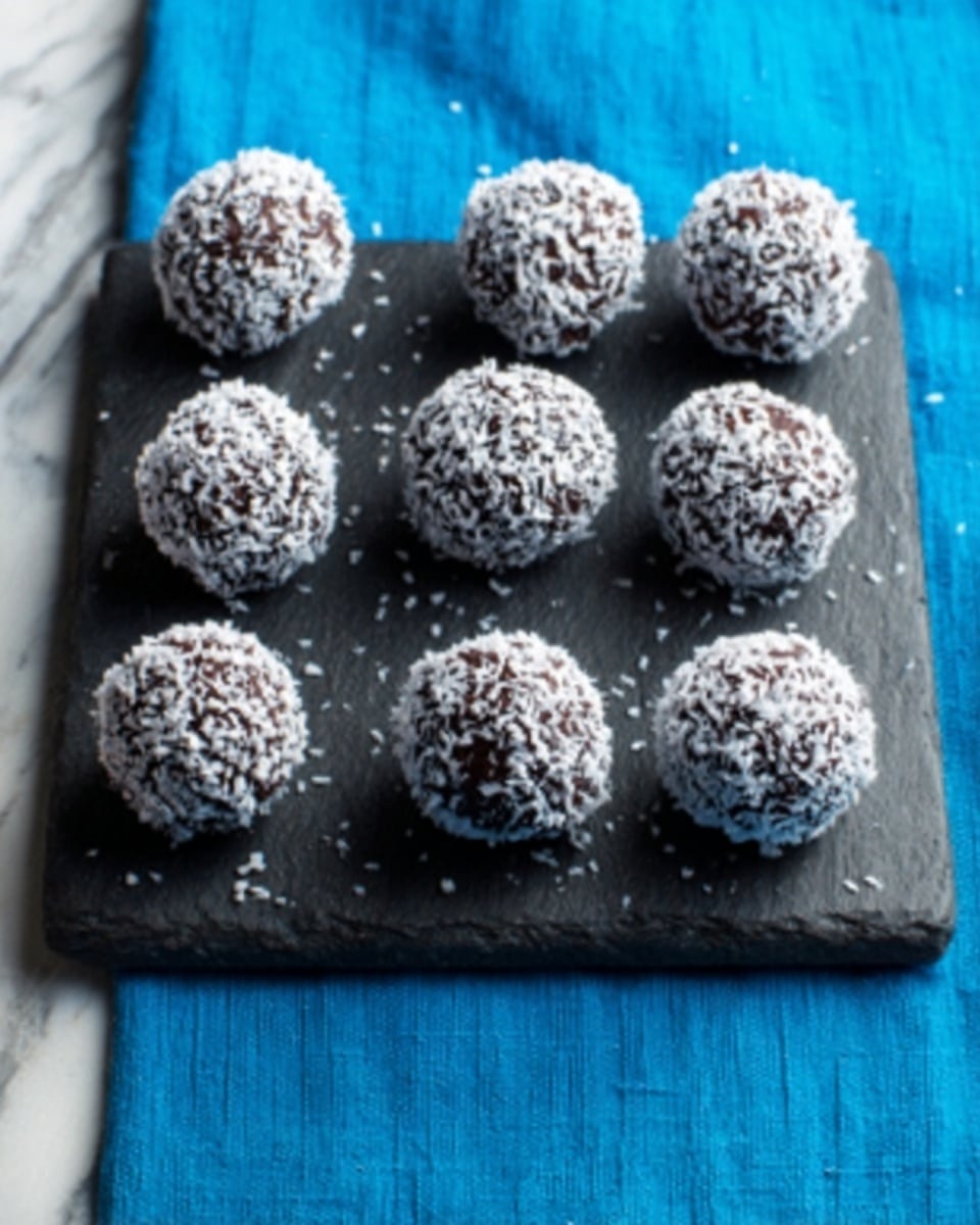 The image shows eight round chocolate balls covered with white sugar crystals, arranged neatly on a long rectangular black slate plate. The chocolate balls are dark brown behind the sugar coating, with a rough texture due to the sugar pieces. The slate plate is placed on a bright blue textured cloth, which lies on a white marbled surface. The chocolate balls are evenly spaced, and the lighting highlights their shiny, slightly rough surface. photo taken with an iphone --ar 4:5 --v 7
