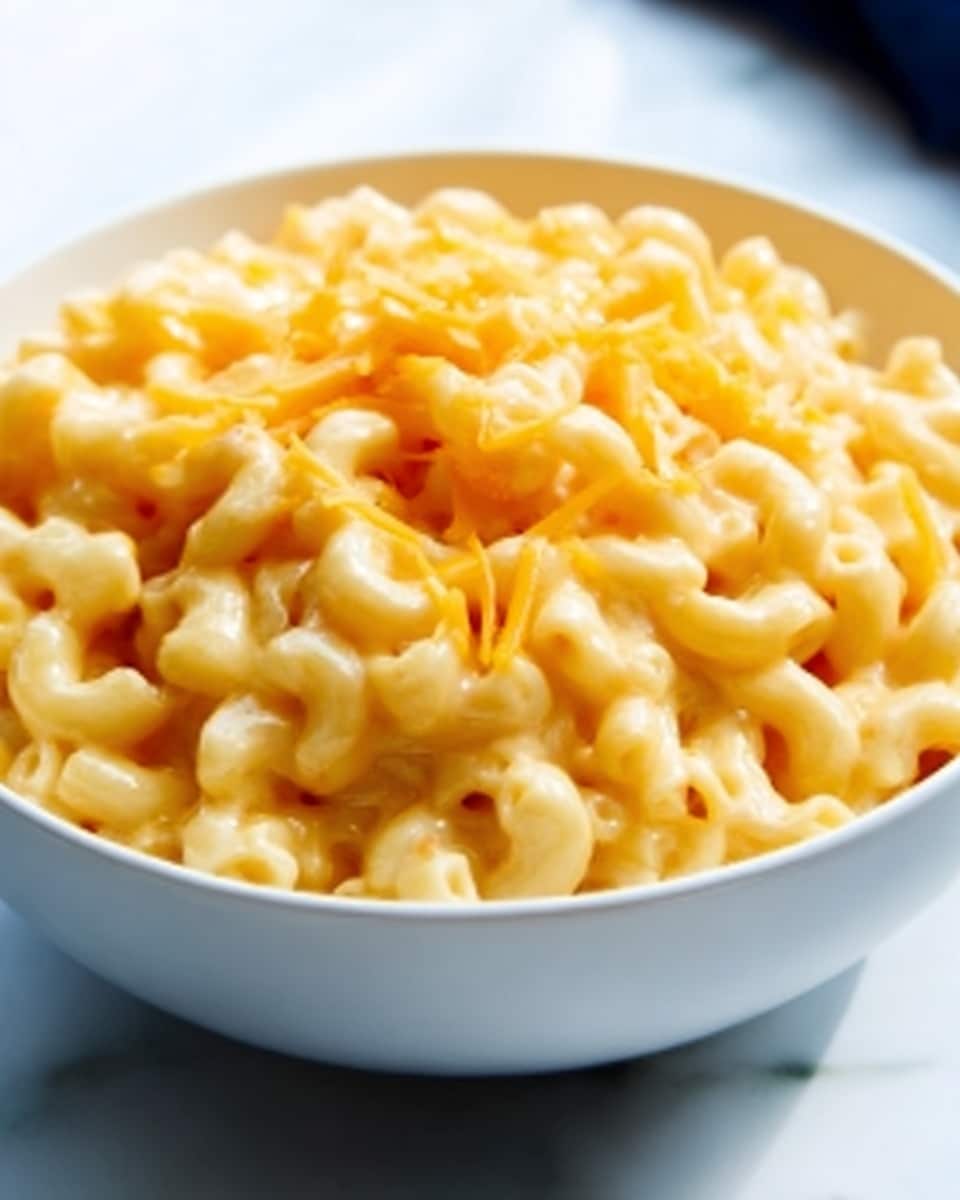 A white bowl filled with creamy macaroni and cheese, showing a close-up view of the smooth, cheesy sauce that coats the elbow-shaped pasta. On top, there is a small layer of melted cheese that looks slightly golden and soft. The bowl is placed on a white marbled surface, with the focus on the rich texture and warm color of the dish. Photo taken with an iphone --ar 4:5 --v 7