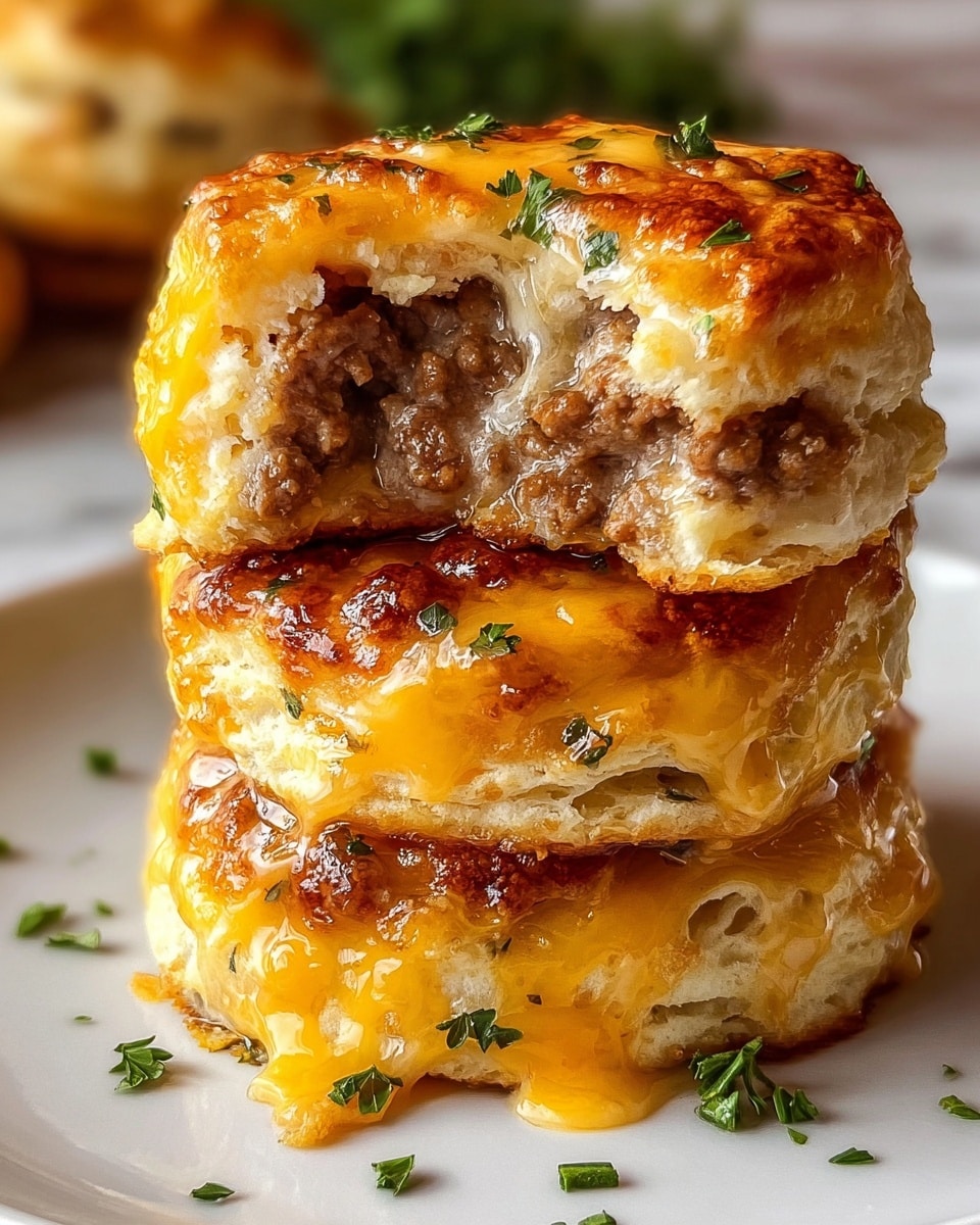 A stack of three round pastries sits on a white plate with a white marbled surface underneath, each layered with a golden, flaky crust sprinkled with small green herbs. The top pastry is broken in half, showing a soft, light beige dough filled with a juicy brown meat mixture in the center and melted yellow-orange cheese oozing slightly. The middle and bottom pastries also show melted cheese dripping down their sides, with the bottom layer having visible flaky layers and more herbs scattered around the plate. The overall color palette is warm with golden browns, creamy yellows, and green herb accents. photo taken with an iphone --ar 4:5 --v 7