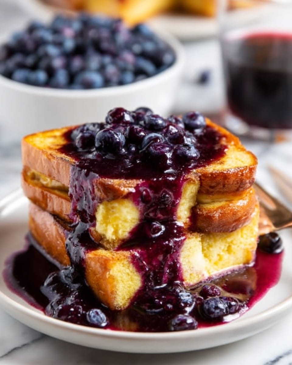 The image shows two thick, golden-brown French toast slices stacked on a white plate. The French toast is soaked in a glossy, deep purple blueberry sauce that drips down the sides and pools at the bottom. A small pile of fresh blueberries rests on top of the stack, adding texture and color contrast. In the background, there is a white bowl filled with more blueberries and a blurred glass of dark red liquid. The scene is set on a white marbled surface, with a woman's hand gently holding the side of the plate. photo taken with an iphone --ar 4:5 --v 7