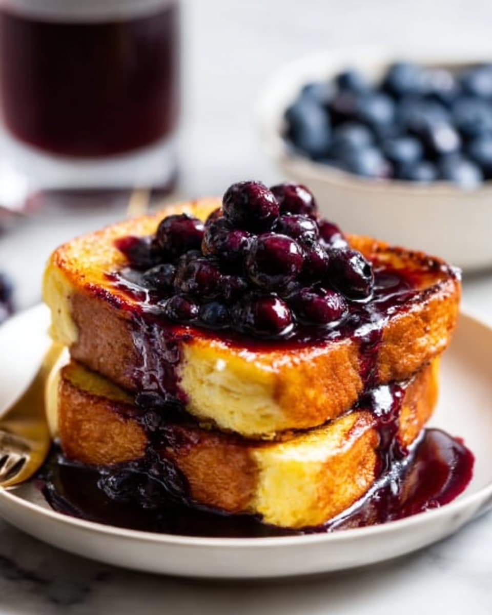 The image shows two thick golden-brown French toast pieces stacked on a white plate, soaked with a rich dark purple blueberry sauce that drips down the sides. On top of the stack, there is a small pile of whole fresh blueberries, shiny and plump. In the blurred background, there is a white bowl filled with more blueberries and a glass of dark red liquid. The surface under the plate is a white marbled texture, and a woman's hand is gently holding the edge of the plate. Photo taken with an iphone --ar 4:5 --v 7