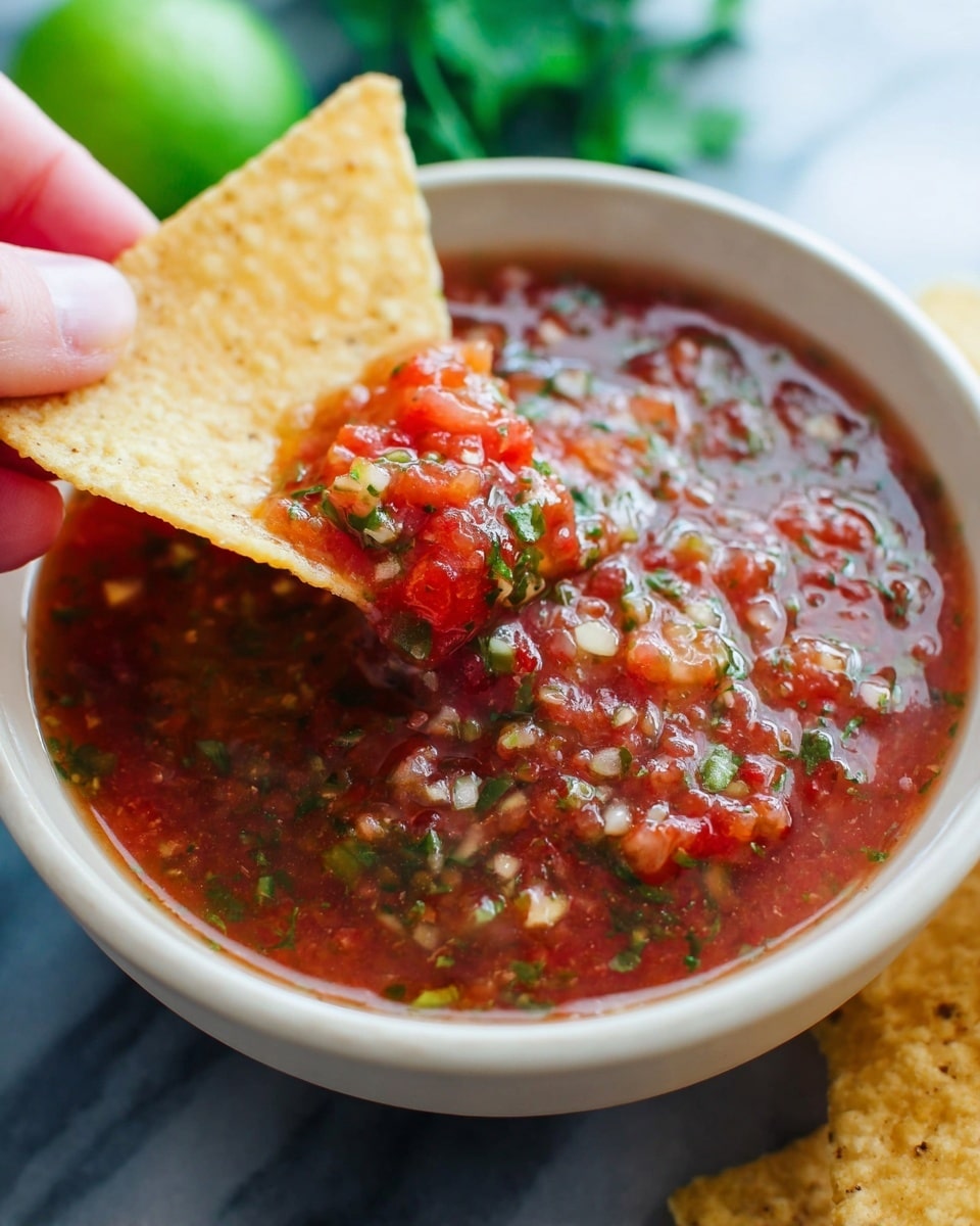 A close-up view of a chunky red salsa in a white bowl, with visible pieces of tomato, green herbs, and small bits of onion and garlic scattered throughout. The salsa has a juicy texture with a mix of smooth and rough parts. A woman's hand is holding a light beige, triangular tortilla chip that is dipped into the salsa, lifting a scoop of it. The bowl sits on a white marbled surface, and some blurred green and brown elements are faintly seen in the background. photo taken with an iphone --ar 4:5 --v 7