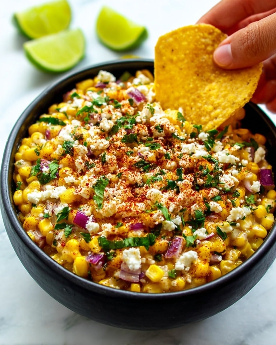A close-up of a black bowl filled with cooked yellow corn kernels mixed with small pieces of red onion scattered throughout. The corn mixture is topped with crumbled white cheese and sprinkled with green chopped cilantro and a reddish spice powder, creating a colorful and textured surface. A woman's hand is dipping a large triangular yellow corn chip into the bowl from the left side. In the background, there are two green lime wedges on the white marbled surface. photo taken with an iphone --ar 4:5 --v 7