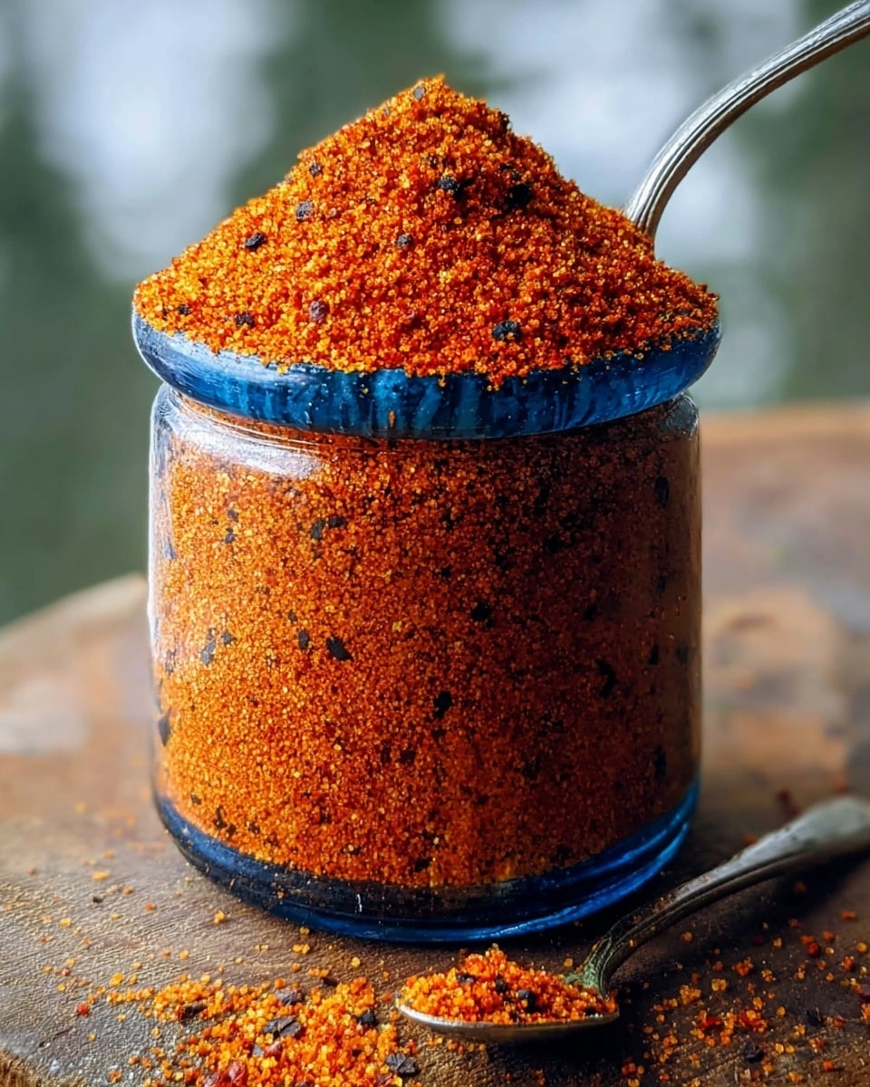 A close-up image of a glass jar filled to the brim with coarse red-orange chili powder mixed with small black flakes, creating a textured look. The chili powder is heaped over the blue-rimmed white marbled surface, forming a rounded mound that rises above the jar’s top edge. A silver spoon is placed inside the jar on the right side, partially visible. Some chili powder has spilled onto the white marbled texture surface in front of the jar, adding to the rustic presentation. The background is softly blurred green, enhancing the focus on the vibrant spice. photo taken with an iphone --ar 4:5 --v 7