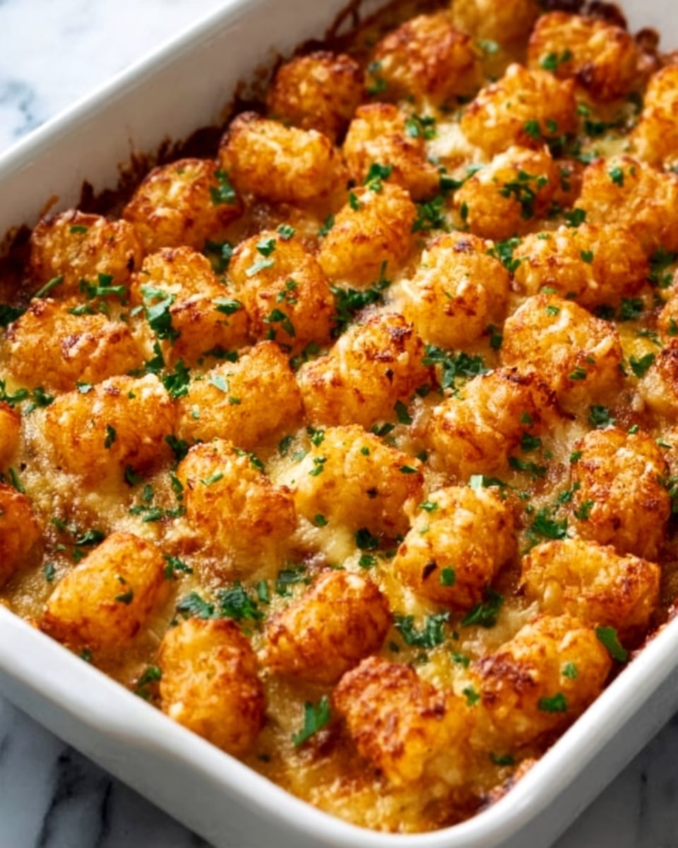 The image shows a white rectangular dish filled with a baked casserole topped with many small, golden-brown tater tots that are crispy and browned in spots. The tater tots are sprinkled evenly with chopped green herbs, giving a fresh touch of color. The casserole beneath looks creamy with a smooth texture peeking between the layers of tater tots. The overall look is warm and inviting with a nice contrast of colors and textures. The dish sits on a white marbled surface. Photo taken with an iphone --ar 4:5 --v 7