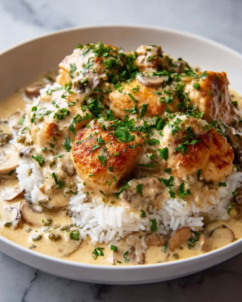 The image shows a white bowl filled with a serving of white rice spread evenly on the bottom. On top of the rice, there are several golden-brown chicken meatballs glazed with a creamy light beige sauce that has visible bits of herbs and seasoning. The dish is garnished with finely chopped green herbs scattered over the meatballs and sauce, adding a fresh contrast. The bowl is placed on a white marbled surface. Photo taken with an iphone --ar 4:5 --v 7