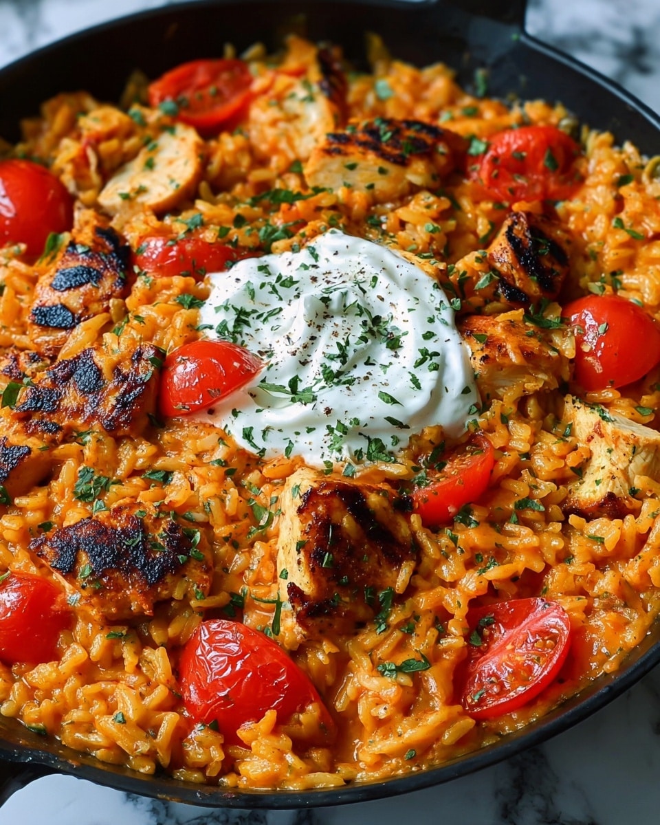 A close-up of a creamy tomato rice dish in a white bowl, showing multiple layers and textures. The base layer is orange, creamy rice mixed with soft cooked onions, scattered pieces of bright red tomato slices, and grilled chicken chunks with browned, slightly charred spots. On top, there is a dollop of white sour cream sprinkled with finely chopped green herbs. Small bits of green herbs are also spread across the dish, adding color contrast to the orange and red tones. The dish sits on a white marbled surface. photo taken with an iphone --ar 4:5 --v 7