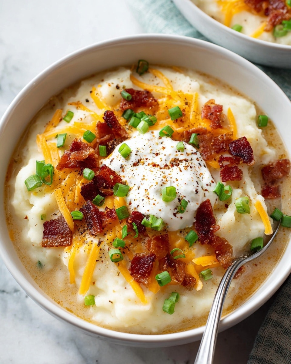 A white bowl filled with creamy, light beige mashed potatoes forms the base layer, topped with shredded orange cheddar cheese scattered unevenly. Above the cheese, small crispy dark reddish-brown bacon pieces are placed, adding texture and richness. In the center, a dollop of smooth white sour cream is sprinkled with a light dusting of brown spices, surrounded by bright green chopped scallions sprinkled over the top. A silver spoon rests on the right edge of the bowl, and the bowl sits on a white marbled textured surface. photo taken with an iphone --ar 4:5 --v 7