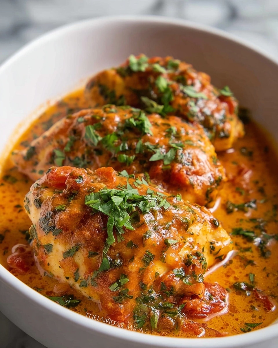 The image shows a white bowl filled with three large pieces of cooked chicken, covered in a thick, creamy orange-red sauce with visible green herbs and small red tomato chunks. The sauce appears smooth, slightly glossy, and generously coats each piece of chicken. On top of each chicken piece, there is a sprinkling of fresh, chopped green basil leaves adding a fresh contrast to the warm sauce. The background has a white marbled texture, highlighting the dish's rich colors. photo taken with an iphone --ar 4:5 --v 7