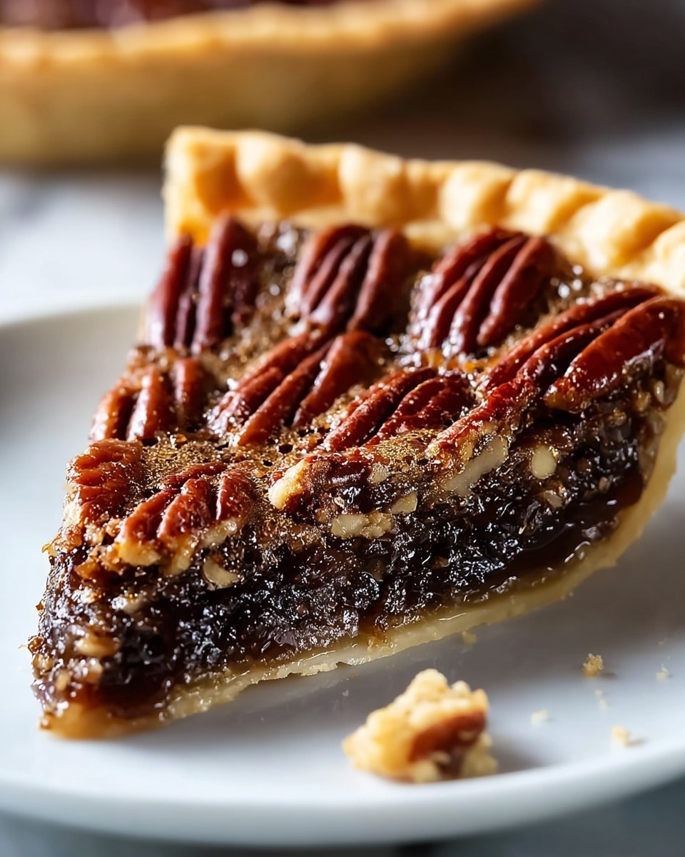 A close-up image of a slice of pecan pie on a white plate set on a white marbled texture. The pie has three visible layers: a light golden-brown flaky crust on the bottom and edges, a shiny, deep dark brown gooey filling with small nut pieces inside in the middle, and glossy, whole toasted pecans arranged neatly on top. A small pecan piece lies broken on the plate near the pie slice. The background is softly blurred, focusing attention on the rich textures and colors of the pie. Photo taken with an iphone --ar 4:5 --v 7