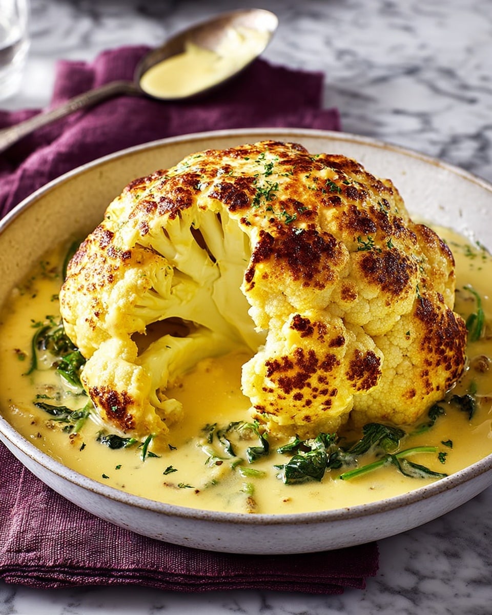 The dish shows a whole roasted cauliflower with a golden, slightly browned top layer, sitting in a thick, creamy yellow sauce with green herb flecks. The cauliflower is cut open slightly to reveal its white, dense inner part, and some green asparagus stalks can be seen partially submerged in the sauce around the cauliflower. The dish is served in a round, rustic bowl with a blue-gray rim, placed on a wooden block on a white marbled surface. A spoon with some sauce rests nearby on a purple cloth napkin, and a glass is visible in the background. Photo taken with an iphone --ar 4:5 --v 7