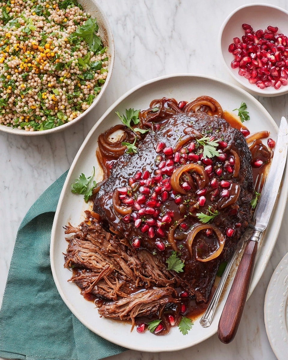 A white oval plate holds a large piece of dark brown roasted meat with a shiny, rich glaze. The meat is topped and surrounded by deep red pomegranate seeds and soft, translucent, caramelized red onion slices creating texture and color contrast. The bottom right corner of the meat is shredded, showing tender, fibrous layers. A silver fork and a knife with a wooden handle rest on the plate’s right edge. Nearby, there is a white bowl with a few pomegranate seeds and another white bowl filled with a salad made of small pale brown grains, bright green chopped celery, fresh green parsley leaves, and small yellow and red seasoning specks. The whole setting is arranged on a white marbled surface with a green cloth napkin partly underneath the oval plate. Photo taken with an iphone --ar 4:5 --v 7