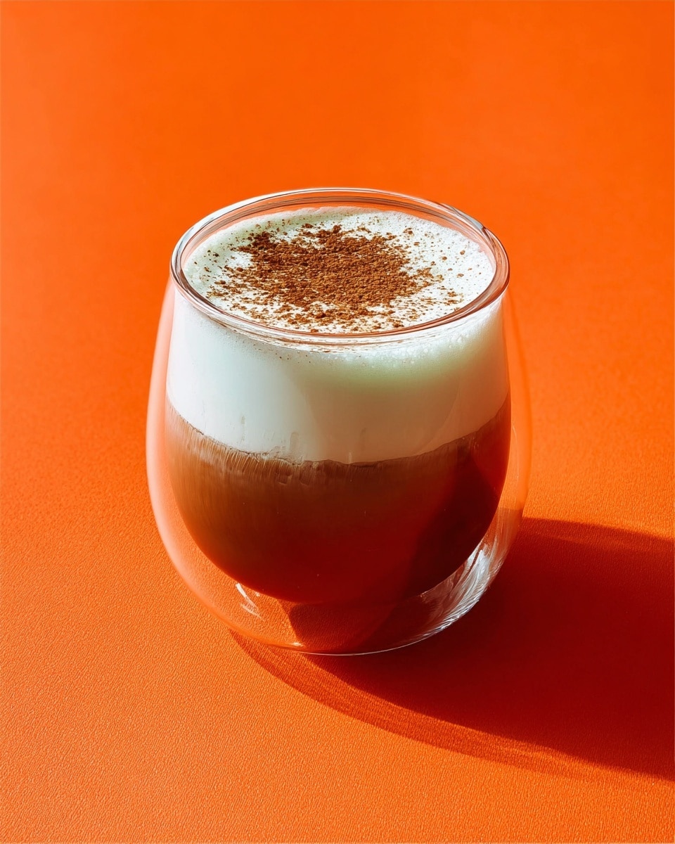A clear glass cup holds a two-layered drink sitting on a bright orange surface. The bottom layer is a dark reddish-brown liquid, smooth in texture, filling about two-thirds of the glass. The top layer is thick white foam, covering the drink, with a light dusting of brown powder sprinkled unevenly on the foam. The glass itself is double-walled, creating a clear air gap between the layers and the outer wall. photo taken with an iphone --ar 4:5 --v 7