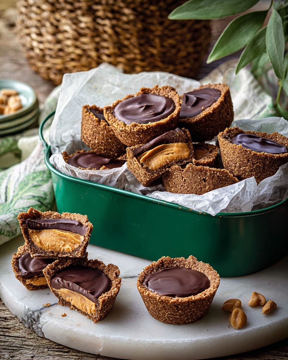 The image shows several small dessert cups made of a crumbly brown crust filled with creamy light brown peanut butter and topped with a smooth, shiny dark chocolate layer. Most are stacked inside a square white enamel container with a lid resting open, and a few cups are placed outside on a white cloth with one cup broken in half showing the creamy peanut butter and chocolate layers inside. The scene is set on a white marbled surface with soft natural light and green leaves blurred in the background. Photo taken with an iphone --ar 4:5 --v 7