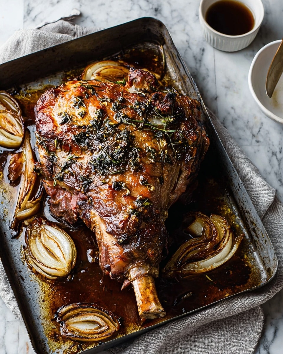 A large roast lamb leg with a golden-brown crispy skin covered with small pieces of dark green herbs is placed on a dark metal baking tray. The lamb sits on a bed of caramelized onion slices that are light yellow with brown edges. The tray is set on a white cloth over a white marbled surface. Part of a white pitcher with dark liquid is visible on the right side. Photo taken with an iphone --ar 4:5 --v 7