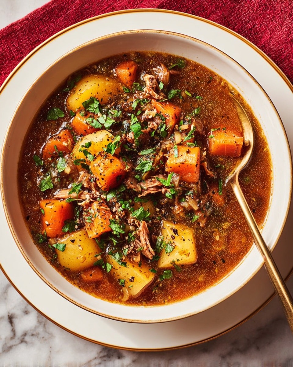 A white bowl filled with a thick stew showing about three layers: the base layer is an orange-brown broth, covering chunks of orange carrots and pale yellow potatoes, the middle layer has pieces of shredded meat mixed with black lentils, and the top layer is garnished with chopped green herbs spread evenly. A gold spoon sticks out from the right side of the bowl. The bowl sits on a white plate with a faint gold rim, all placed on a white marbled textured surface with a red cloth partially beneath the plate. photo taken with an iphone --ar 4:5 --v 7