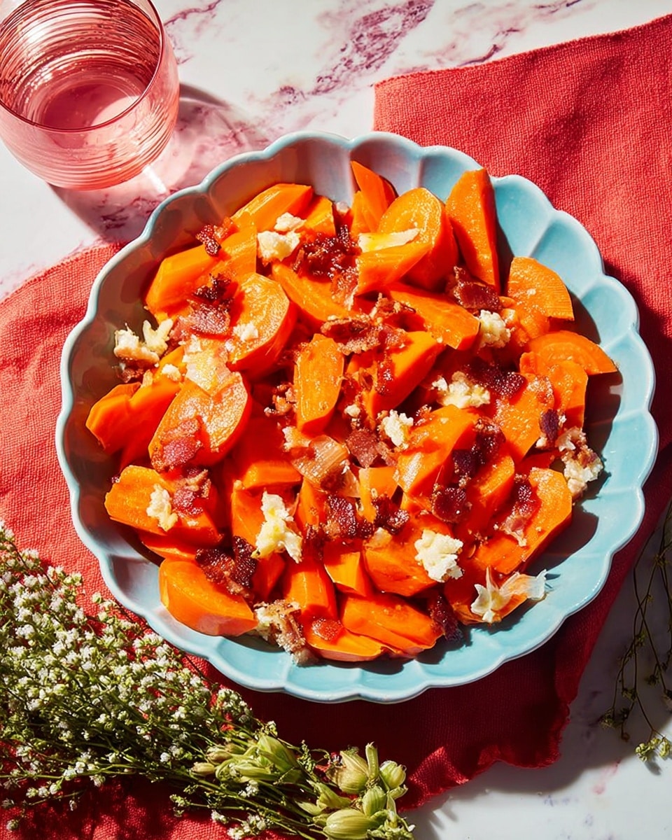 A scalloped white bowl filled with bright orange carrot slices topped with small, crispy dark brown bacon bits and lightly melted white cheese. The carrot slices are cut into uneven angles, giving the dish a textured and layered look with the bacon and cheese scattered evenly throughout. The bowl is placed on a folded pink cloth on a white marbled surface, with a green leafy plant to the right and light purple drinks partially in view around the edges. The scene has bright natural light enhancing the vivid colors and glossy textures of the food. photo taken with an iphone --ar 4:5 --v 7