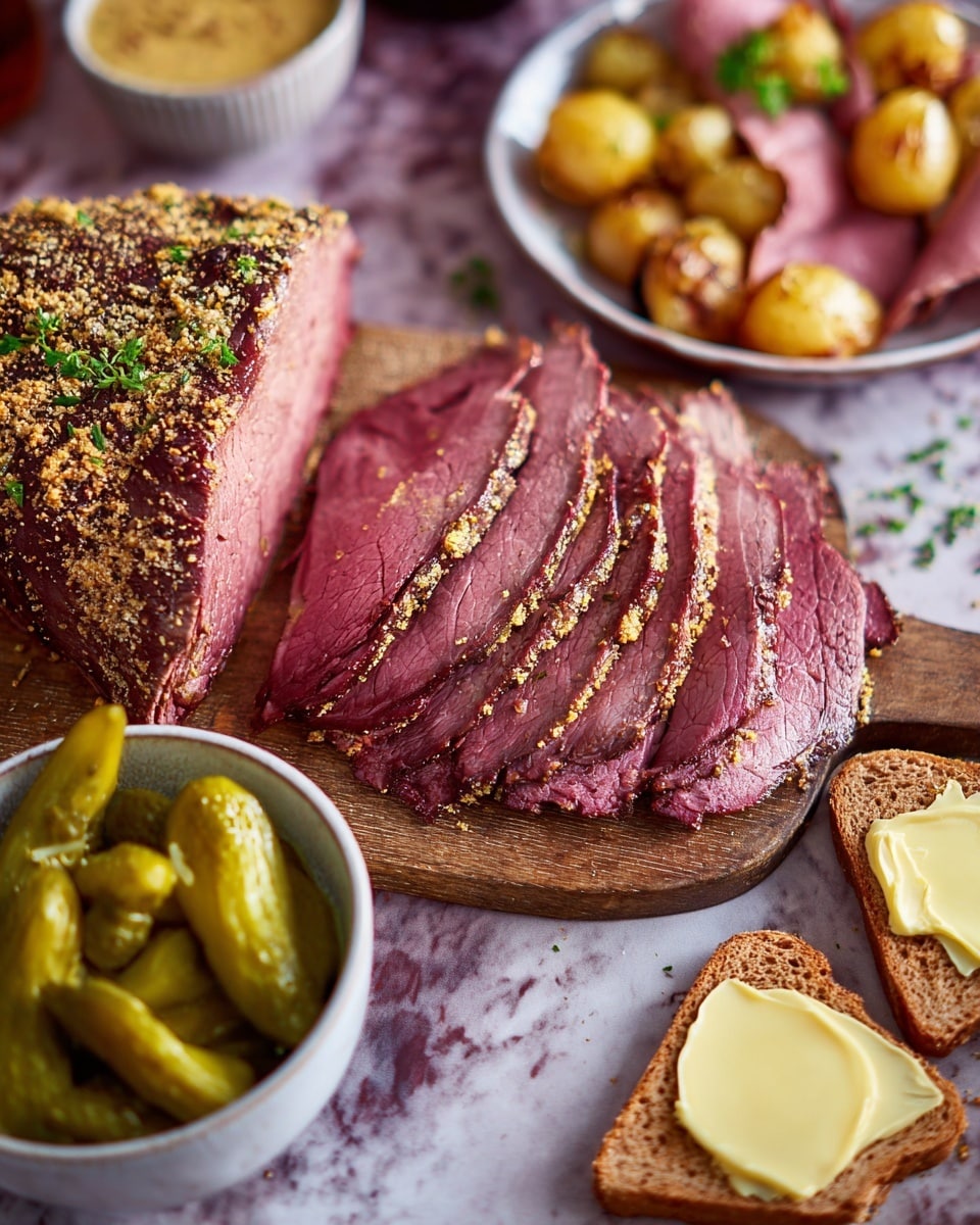 A wooden board holds a thick piece of roast beef seasoned with black pepper on top, with several thin pink slices fanned out in front of it, showing a tender texture; to the left, a white bowl is filled with golden roasted potatoes covered in grainy mustard seeds, and next to it, another white bowl holds whole pickles with a shiny green color; to the right of the meat, two slices of buttered brown bread show creamy butter spread unevenly; in the background, a white plate holds more slices of roast beef, roasted potatoes, and pickles, all on a white marbled surface with a purple cloth underneath; a bowl of creamy yellow mustard sauce sits in the lower left corner. photo taken with an iphone --ar 4:5 --v 7