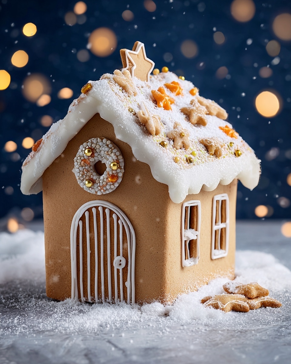 A gingerbread house with smooth tan walls sits on a bed of white snow-like flakes on a white marbled surface. The roof is made of evenly spaced light brown ladyfinger biscuits dusted with powdered sugar, topped with white icing that drips down the edges like melting snow. Small gold and orange star-shaped decorations are scattered over the roof’s icing. The front arched door is light brown with vertical white icing lines and a small round white icing dot for the handle, decorated with a tiny wreath made from small golden pearls and star shapes. Above the door on the roof’s peak is a larger star-shaped cookie outlined in white icing. The side walls have three square gingerbread windows with white icing frames divided into four panes. The background is a deep blue with circular light bokeh. Photo taken with an iphone --ar 4:5 --v 7