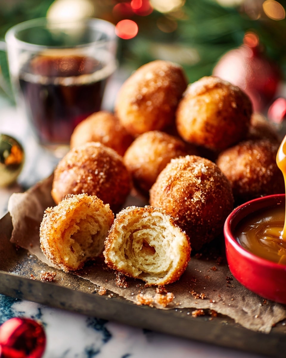 A group of golden-brown round doughnut holes coated in sugar are displayed on a flat surface with a white marbled texture. One doughnut is broken open in the front showing a soft, light yellow inside with swirls. Another doughnut nearby is dippped halfway into a small white bowl filled with thick, glossy caramel sauce that drips down the side. In the background, there is a clear glass cup with dark red liquid and blurred festive decorations including pine branches and shiny colorful ornaments, creating a warm, cozy scene. Photo taken with an iphone --ar 4:5 --v 7