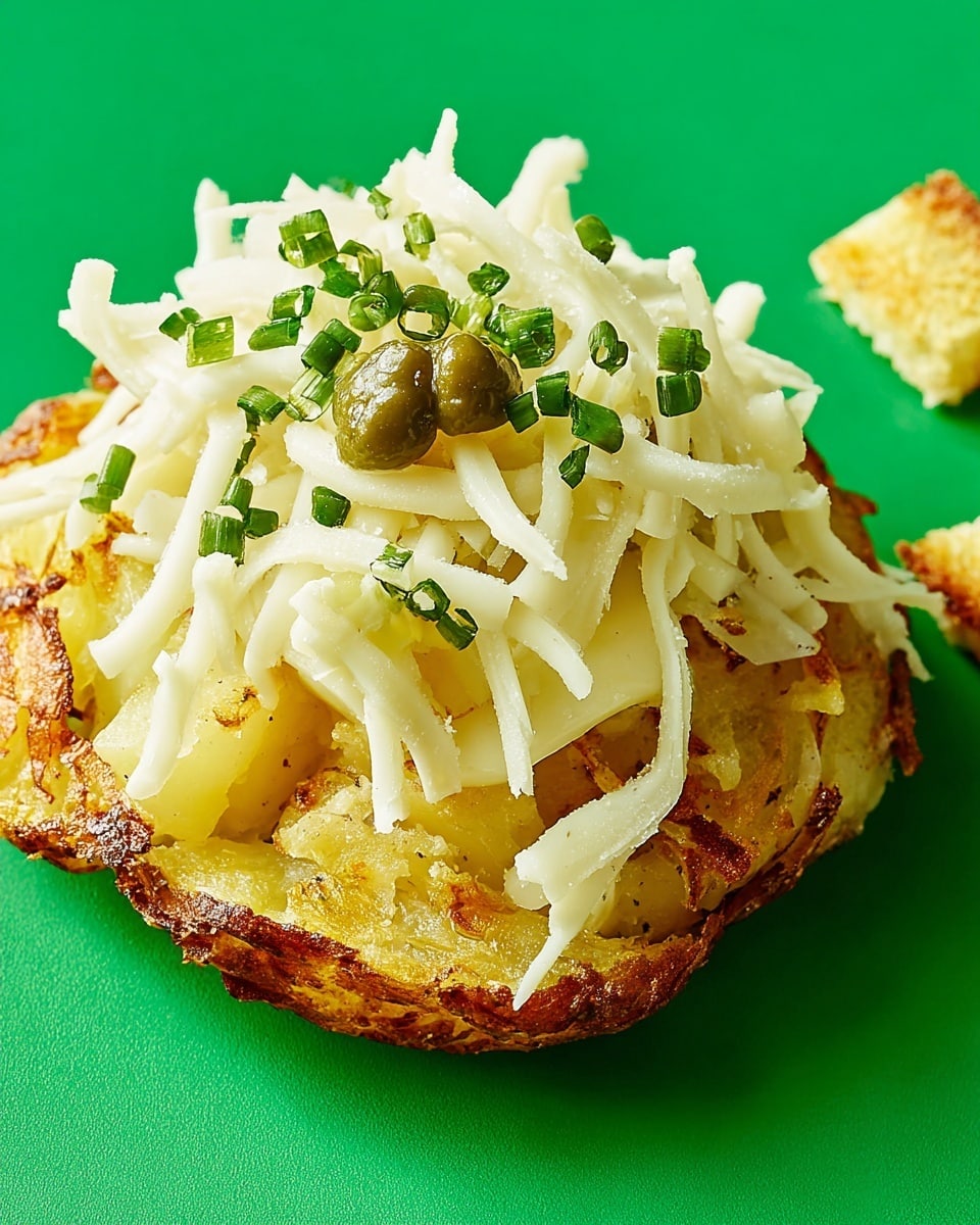 A close-up of a small round sandwich featuring three layers on a white marbled surface: the bottom layer is a toasted golden brown bun with a slightly crispy texture, the middle layer consists of a light yellow spread with small bits visible, and the top layer is a heap of thin white strips resembling grated cheese or vegetable with a creamy texture, sprinkled with small chopped green herbs and a caper visible on one side. Pieces of toasted bread corners are partially visible near the sandwich edges. Photo taken with an iphone --ar 4:5 --v 7