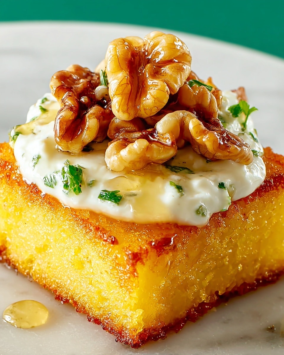 A close-up of a small square piece of golden, crispy fried polenta with a slightly rough texture. On top is a smooth, creamy white layer of cheese or spread, with hints of herbs mixed in. At the very top sits a cluster of shiny, glossy brown walnuts, drizzled with a thin stream of honey that pools slightly around the edges of the polenta. The dish is placed on a bright white marbled surface. Photo taken with an iphone --ar 4:5 --v 7
