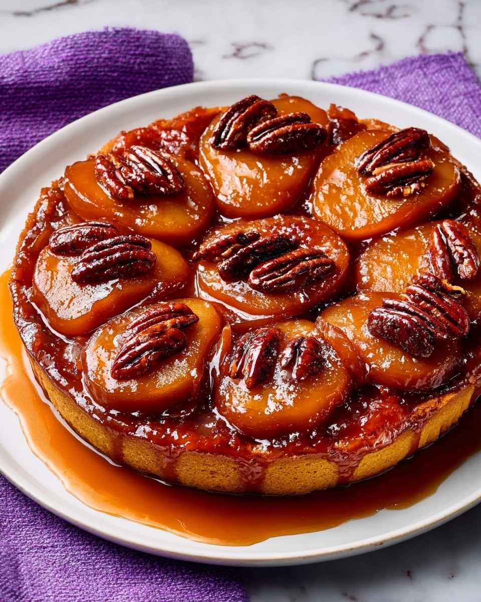 A round upside-down pastry tart on a white plate, with a caramelized glossy brown top layer made of large soft pear halves arranged in a circle, each surrounded by clusters of shiny dark brown pecan nuts. The pastry beneath is golden-brown and flaky, visible slightly around the edges where caramel sauce drips onto the white marbled surface. A purple cloth is partly visible at the top left corner and a metal spatula is placed near the bottom left. photo taken with an iphone --ar 4:5 --v 7