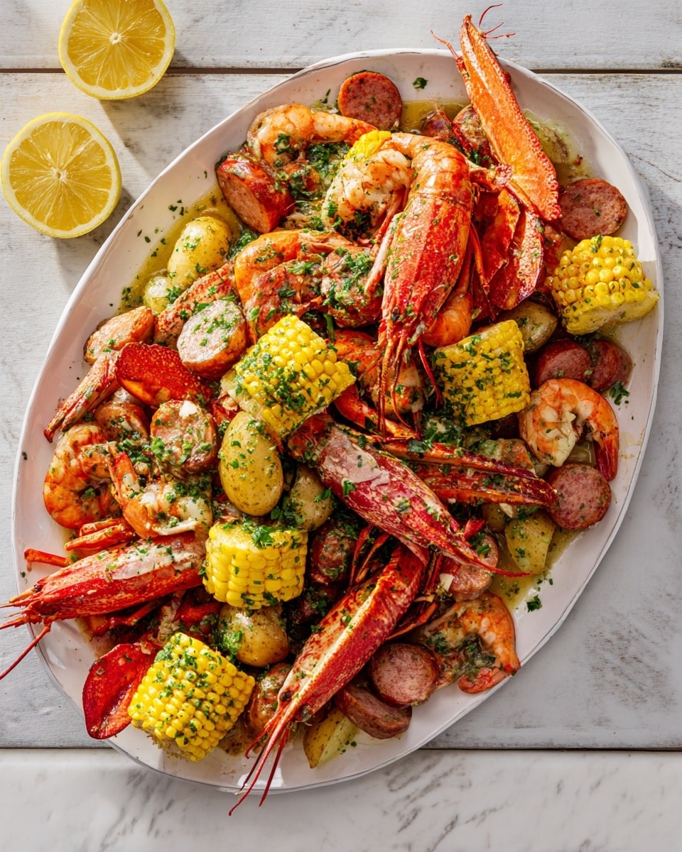 A large white oval plate holds a mixed seafood boil with several layers: starting with a base of small yellow corn on the cob pieces and light yellow baby potatoes covered in green herb sauce. On top are bright orange lobster claws and tails, whole prawns with long antennae, and reddish-brown sausage slices scattered evenly. The dish is garnished with chopped green herbs and is placed on a white marbled surface, with two lemon halves to the side. photo taken with an iphone --ar 4:5 --v 7