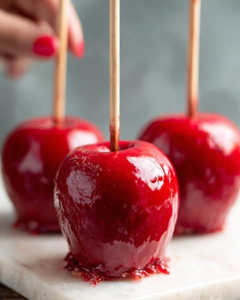 The image shows three small bright red candy apples with a glossy, shiny coating that looks smooth and slightly sticky. Each apple is on a light wood stick, standing upright on a dark wooden surface. The candy coating is thick enough to reflect light, showing a glass-like texture. Around the base of each apple, there are small uneven pools of extra candy coating that look slightly thick and hardened. In the foreground, a woman’s hand holds one of the sticks gently. The background includes natural brown twine pieces loosely placed on the right side, adding a rustic touch to the scene. The overall colors are mainly red, brown, and shades of wood with a soft light that highlights the apples’ shine. The photo looks clear and close-up, taken with an iphone --ar 4:5 --v 7