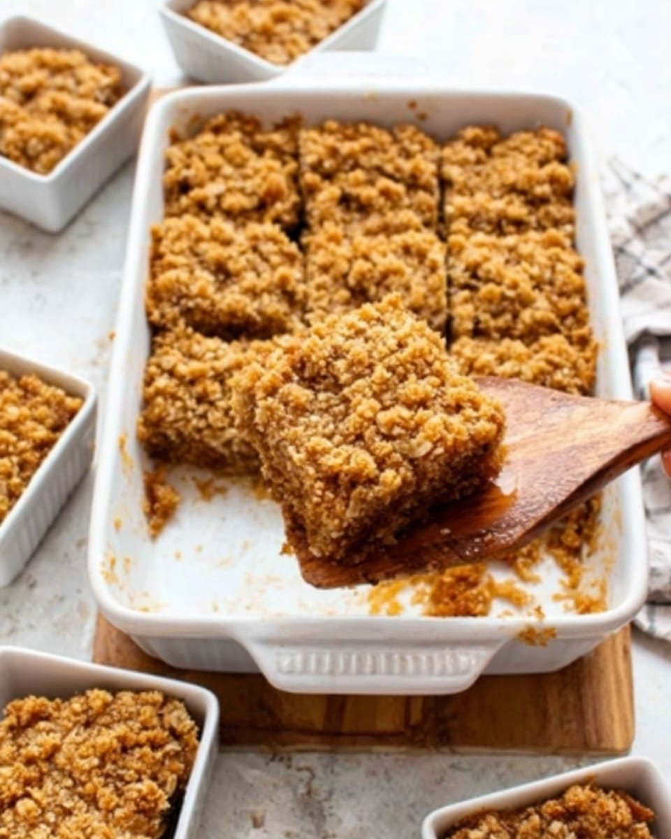 The image shows a white rectangular baking dish with a crumbly oat topping dessert, part of it already cut and one piece being lifted by a wooden spatula. The dessert has a golden-brown, rough-textured crumb layer on top with bits of oats, and the exposed inside looks soft and slightly moist, lighter brown in color. In the background, there are small white bowls filled with similar oat crumb pieces on a white marbled surface. A clear drinking glass is also partially visible, adding to the simple kitchen setting. Photo taken with an iphone --ar 4:5 --v 7