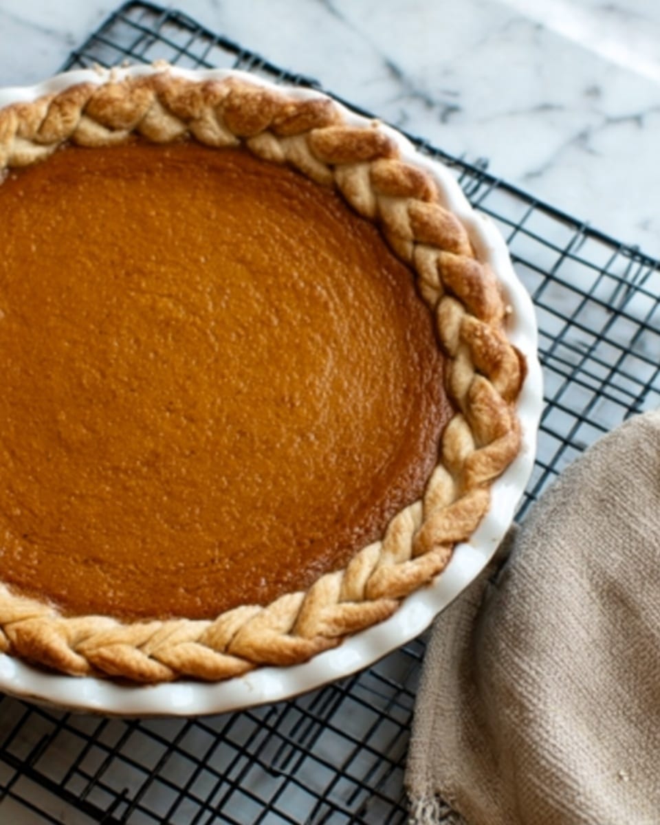 A round pumpkin pie with a smooth, rich orange filling sits in a white pie dish with a decorative braided crust around the edge. The pie rests on a black cooling rack placed on a white marbled surface. The texture of the pie filling is glossy and firm, showing a small vent hole near the center. A light-colored oven mitt is partially visible to the right of the pie. Photo taken with an iphone --ar 4:5 --v 7