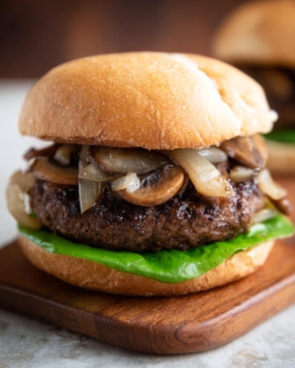 A close-up image of a burger with three layers inside a soft, light brown bun. The bottom bun has a green leaf of lettuce, followed by a thick, dark brown beef patty with a rough texture. On top of the patty are light brown cooked onions and small, round mushrooms with a smooth texture. The top bun is soft and slightly shiny. The burger is placed on a wooden round board with a white marbled surface in the background. Photo taken with an iphone --ar 4:5 --v 7