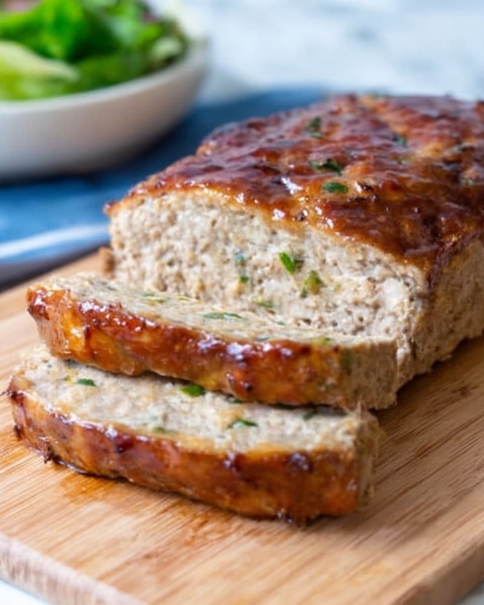 A loaf of meatloaf is placed on a light wooden cutting board over a white marbled surface. The meatloaf has a shiny, golden brown top crust and a slightly darker bottom crust. It is sliced into four pieces, showing an inside texture of finely ground meat mixed with small bits of green herbs or vegetables. The sides have a smooth, firm texture with a consistent beige color. The overall lighting highlights the moist and tender look of the meatloaf. photo taken with an iphone --ar 4:5 --v 7