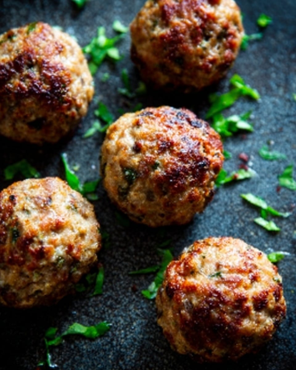The image shows five golden-brown, round meatballs with a slightly crispy texture on the outside, placed on a dark gray surface sprinkled with small green herb leaves. Each meatball has a rough, uneven surface with small bits of herbs and seasoning visible, giving them a homemade look. The lighting highlights the crispy texture and makes the meatballs appear juicy inside. Photo taken with an iphone --ar 4:5 --v 7